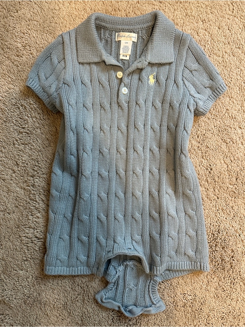 Worn Once - 12M Ralph Lauren Light Blue Cable Knit Romper